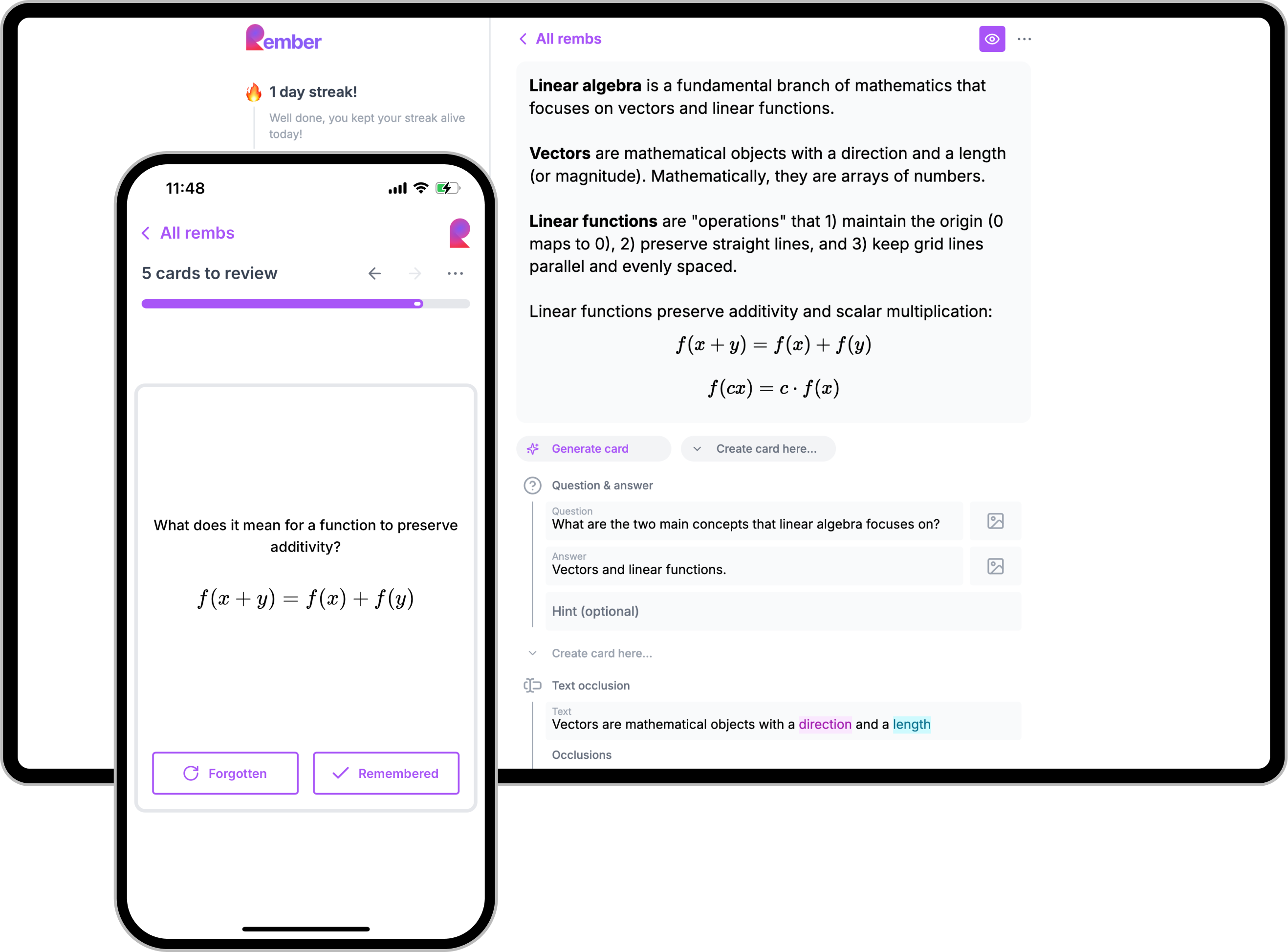 A mobile and desktop screenshots of the Rember webapp